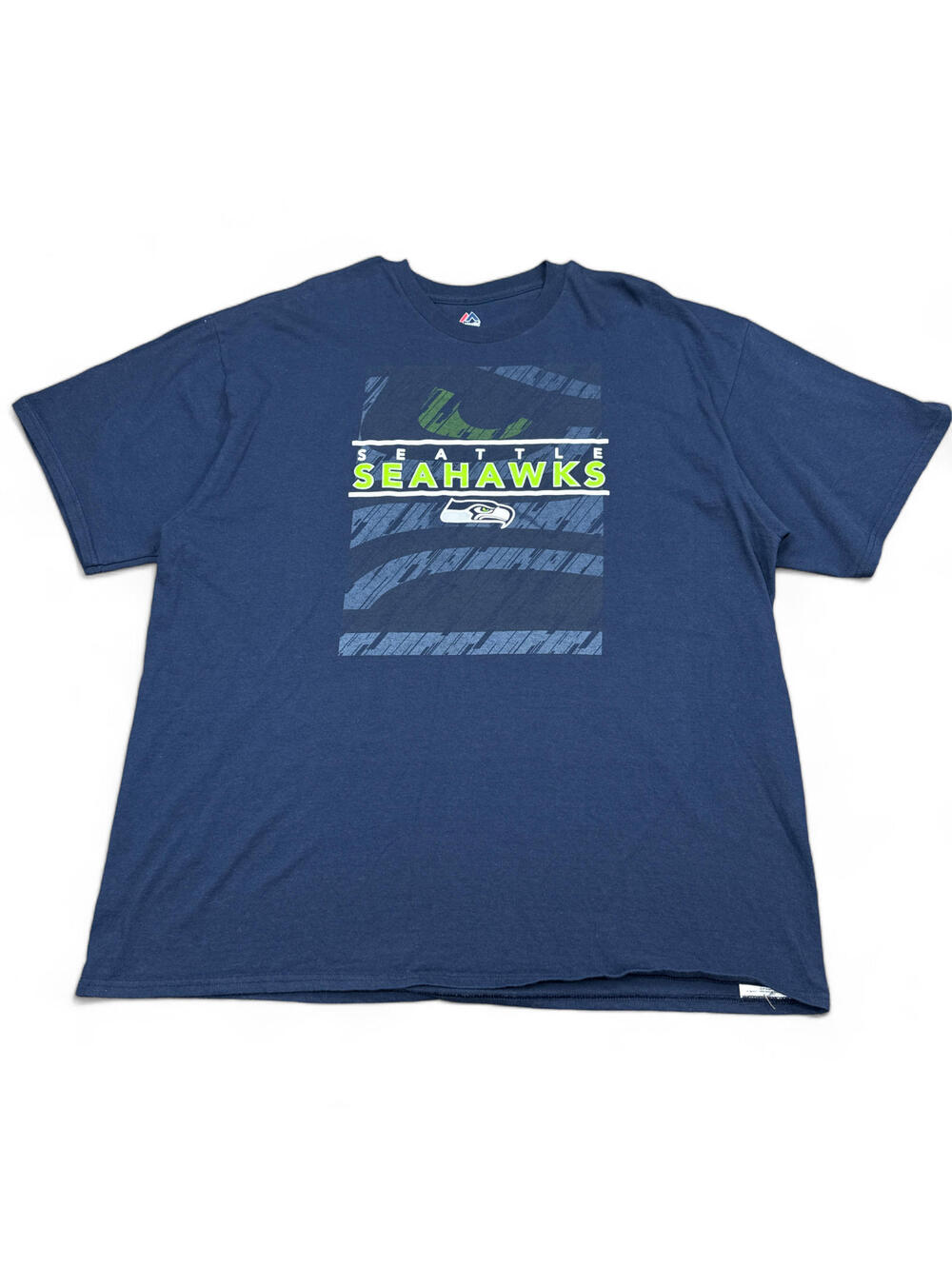 Majestic Seattle Seahawks T Shirt Adult Size 2XL XXL Blue Double Sided Retro NFL